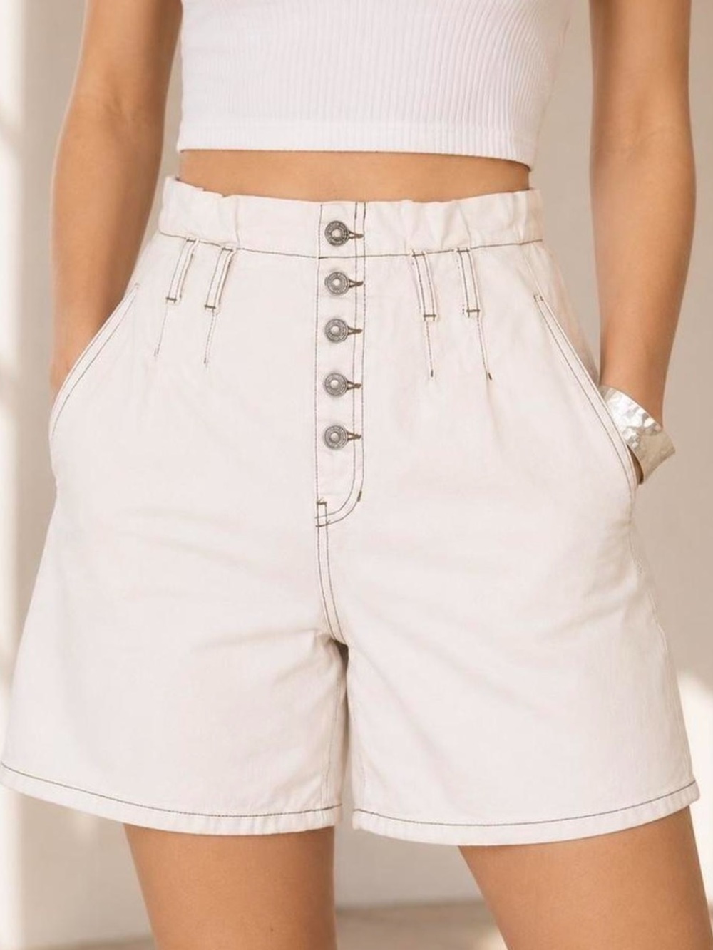 Free People Cindy Utility Paper Bag Waist Button-Fly Shorts